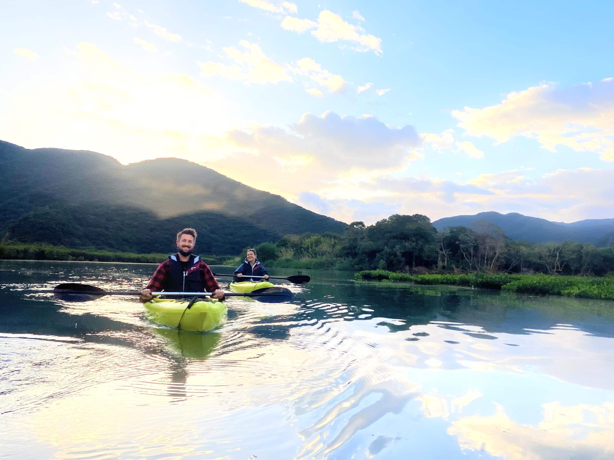 2 people are enjoying kayaking at mangrove.