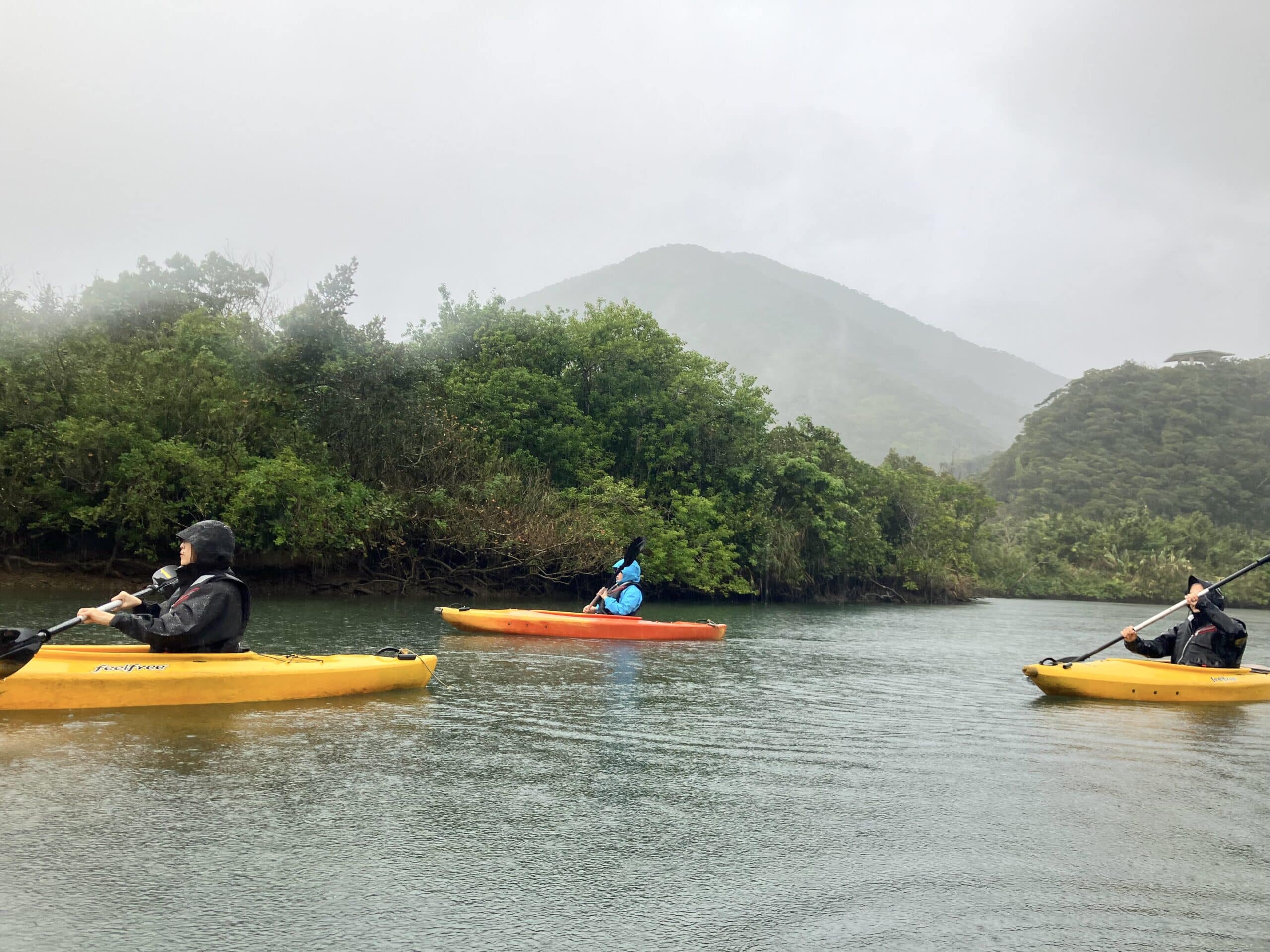 Three Customers Joining the Rainy Day Mangrove Kayak Tour in Amami Oshima.