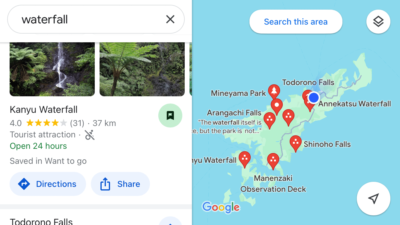 The search results for waterfalls in Amami Oshima on Google Maps.