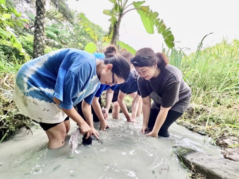 People are trying mud dyeing in the mud field.