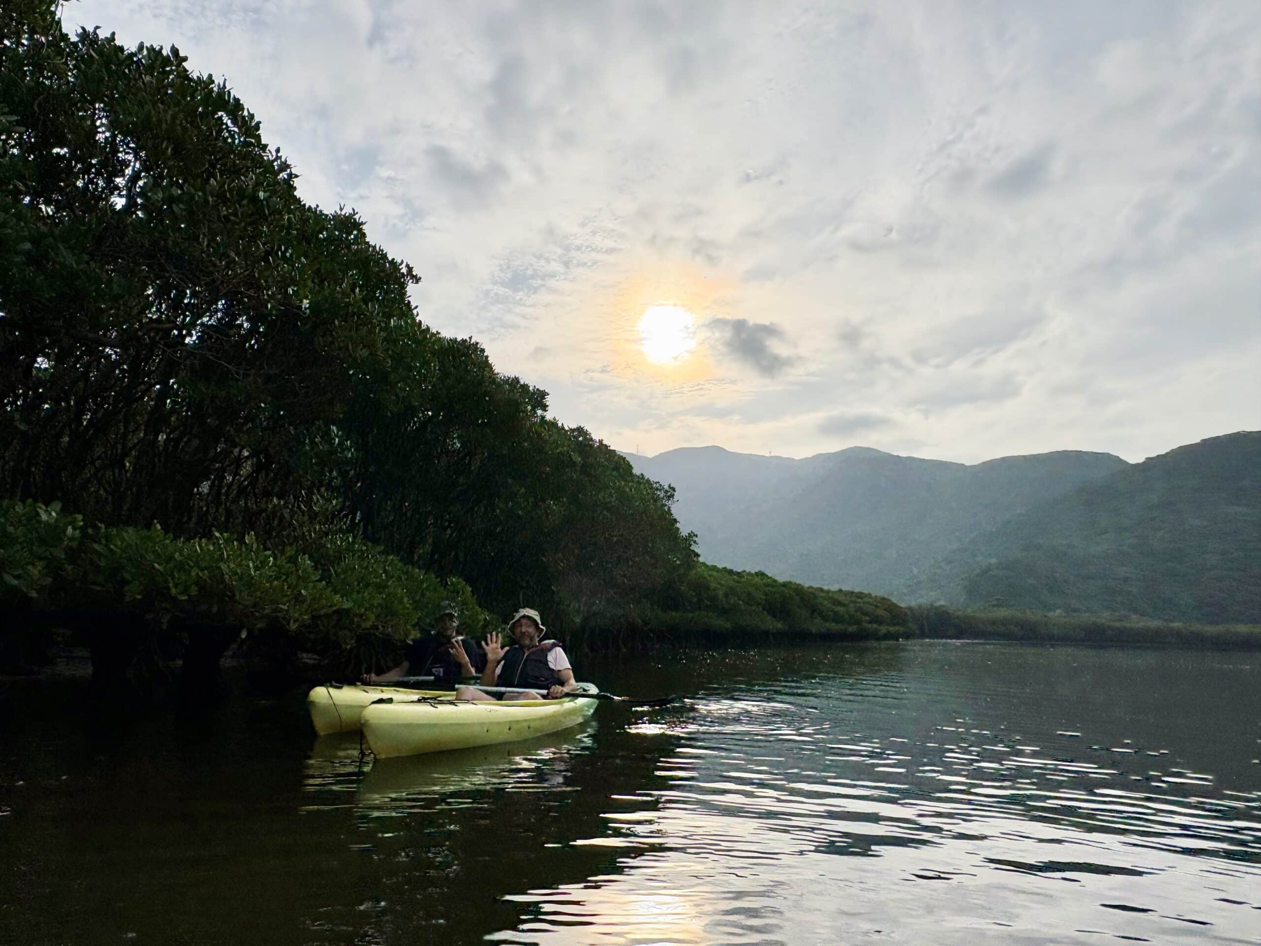 Sunset mangrove kayaking experience in Amami with mountains in background