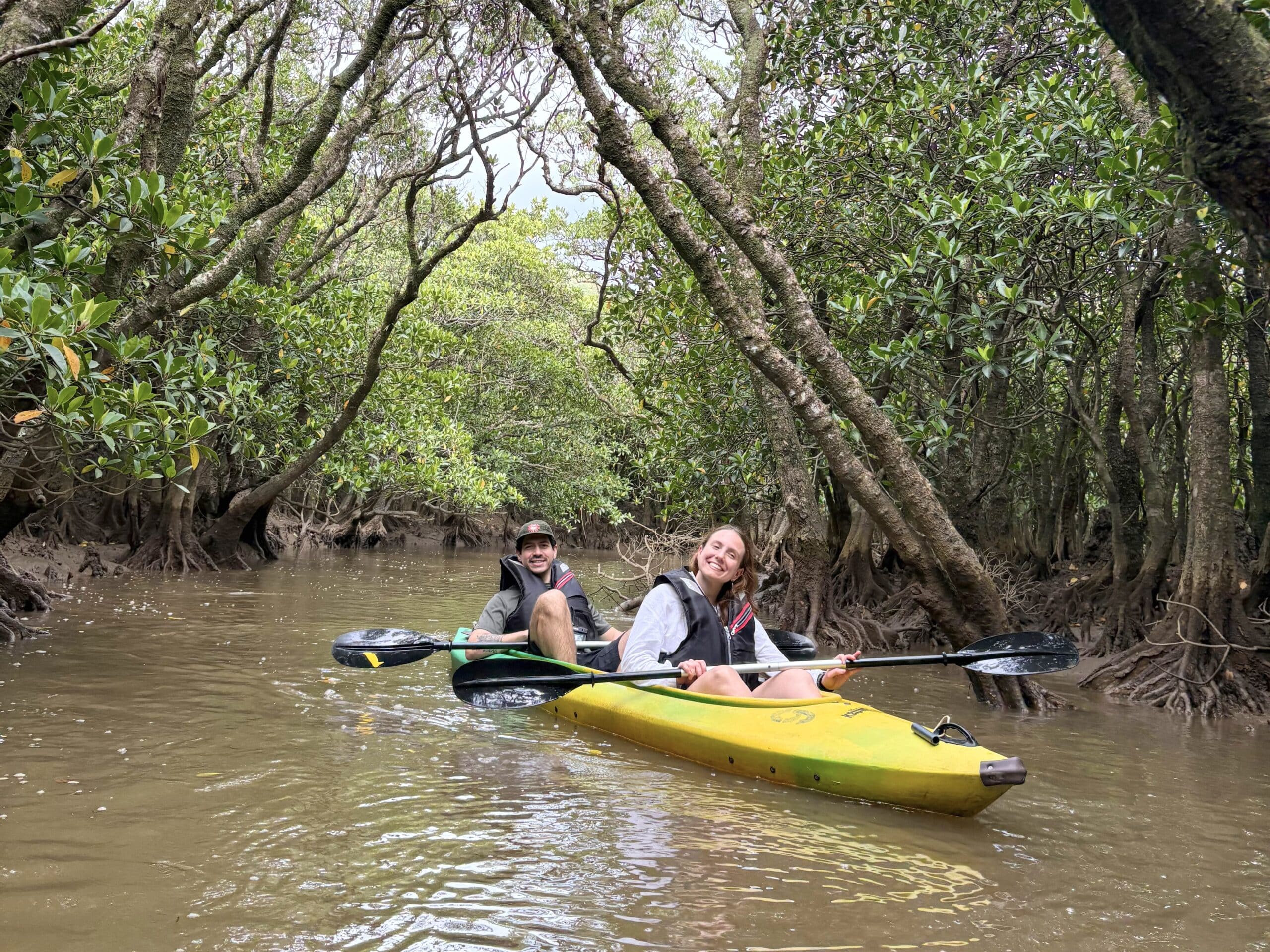 Couple enjoying mangrove kayaking tour in Amami Oshima's lush forest