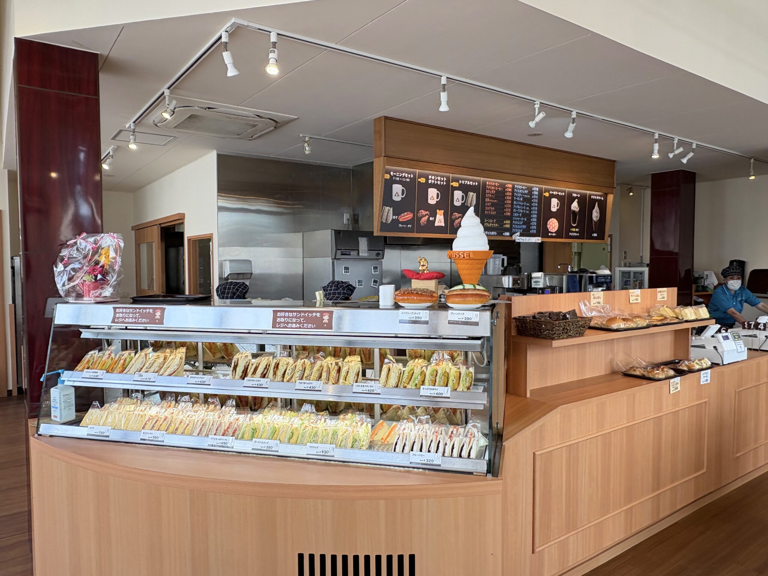 Display case full of fresh sandwiches and bread in a café on Amami Oshima