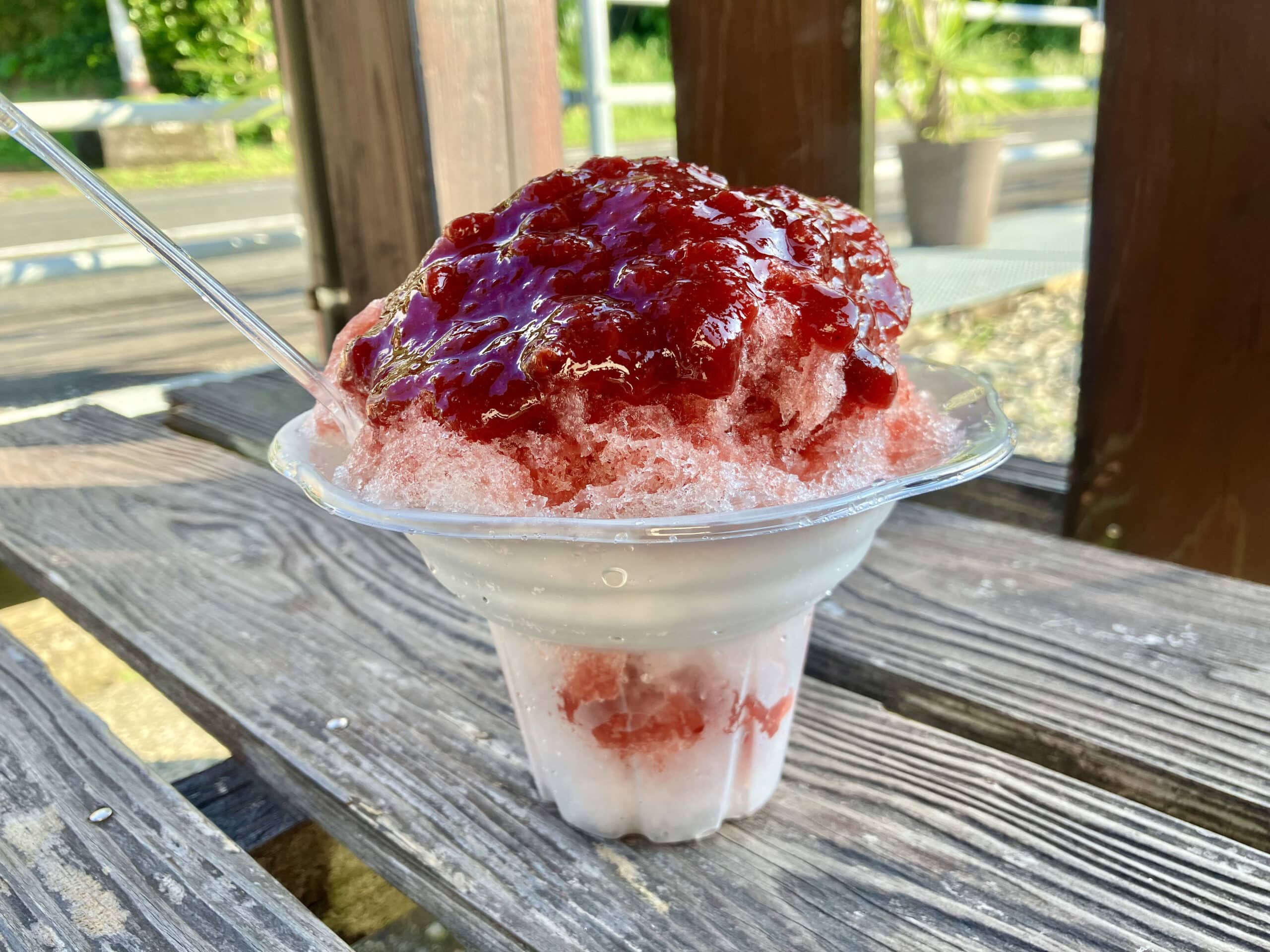 Shaved ice topped with homemade plum syrup, served outdoors in Amami Oshima