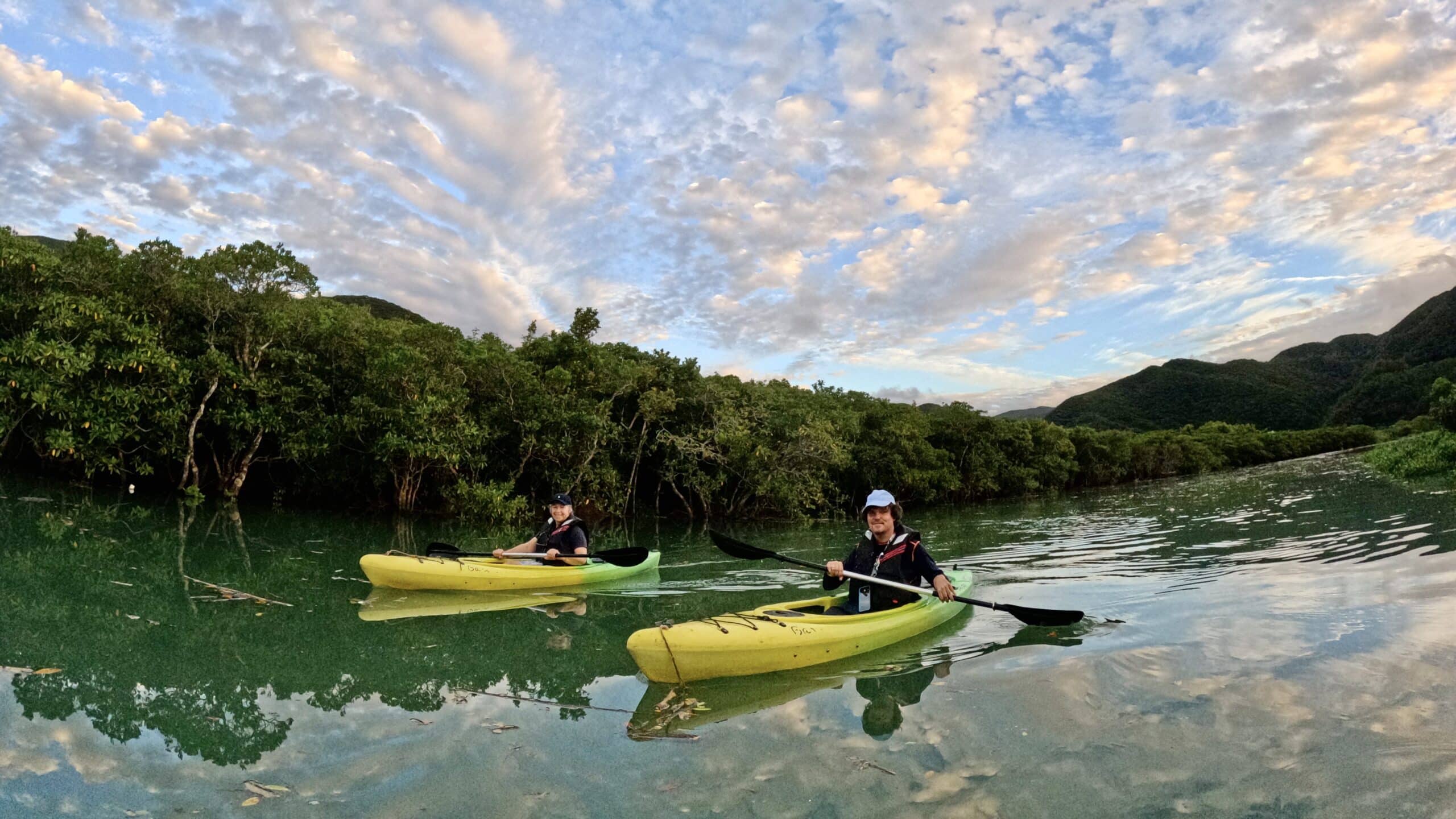 Kayaking through mangrove forests in Amami Oshima at sunset